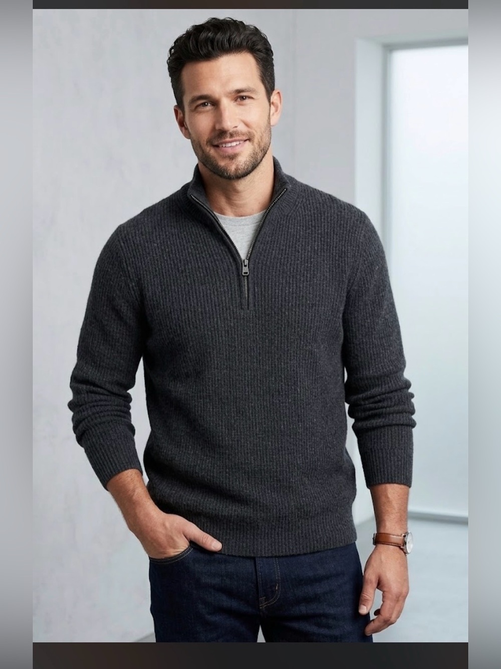 NWT GAP Half Zip Sweater Wool Blend Charcoal , Medium